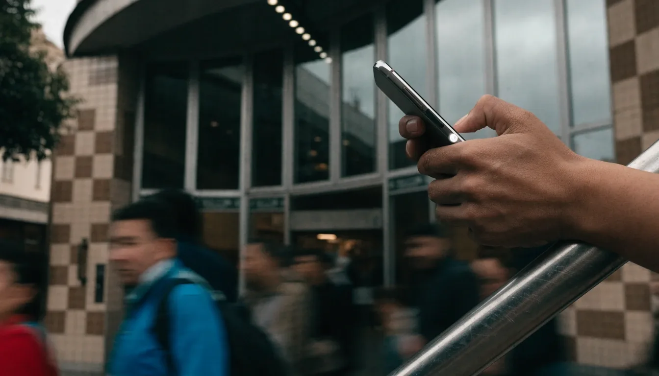 Mano sosteniendo un teléfono en el acceso a una estación de subte porteña, con la pantalla hacia el otro lado