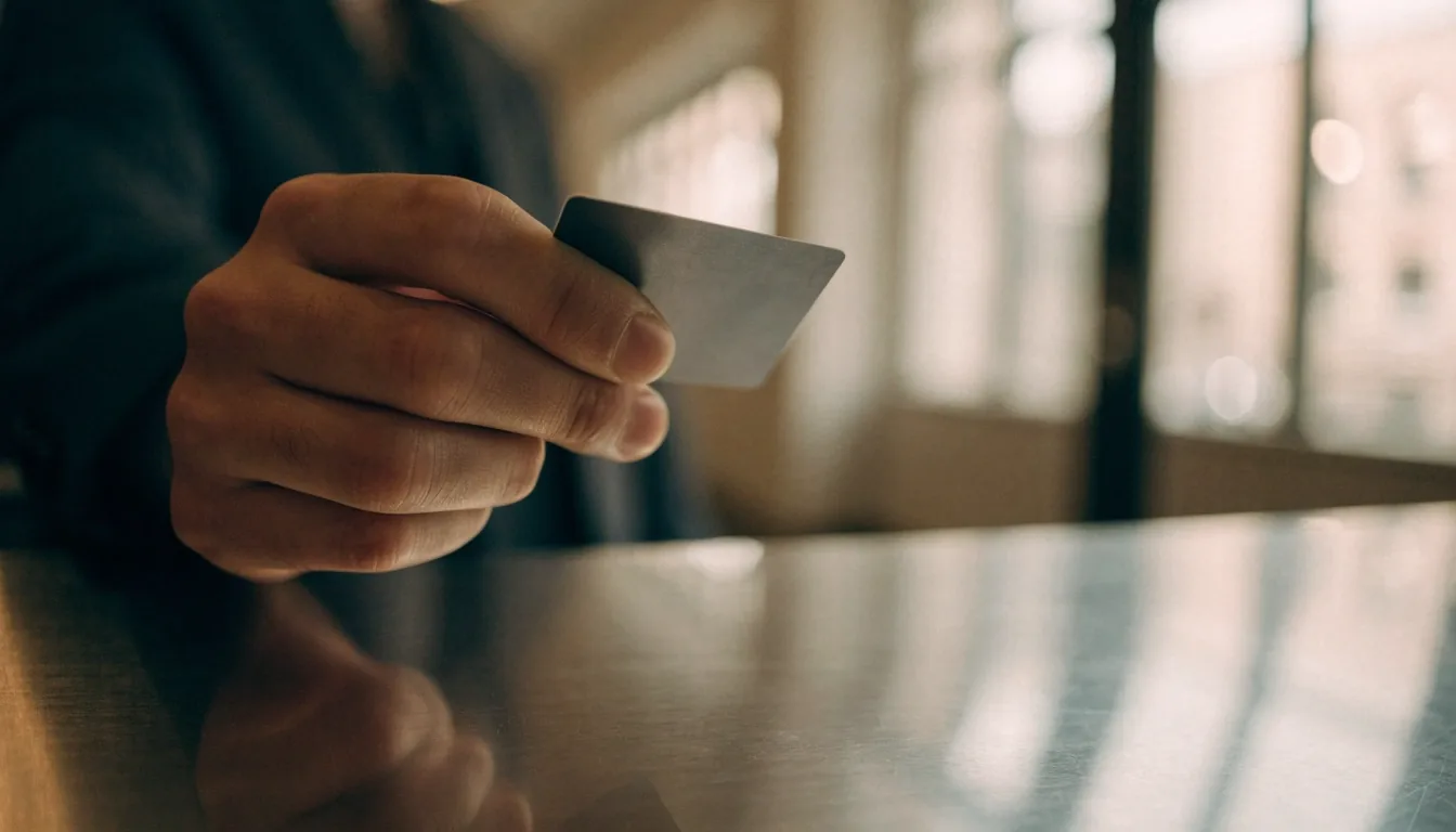 Mano sosteniendo una tarjeta de débito apoyada sobre un mostrador de acero cepillado