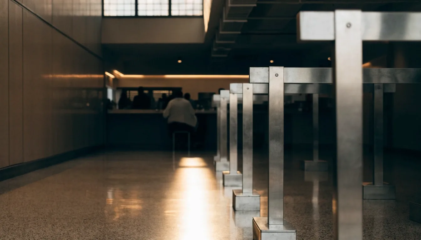 Interior de una sucursal bancaria argentina con cintas de fila y piso pulido reflejando la luz de un tragaluz