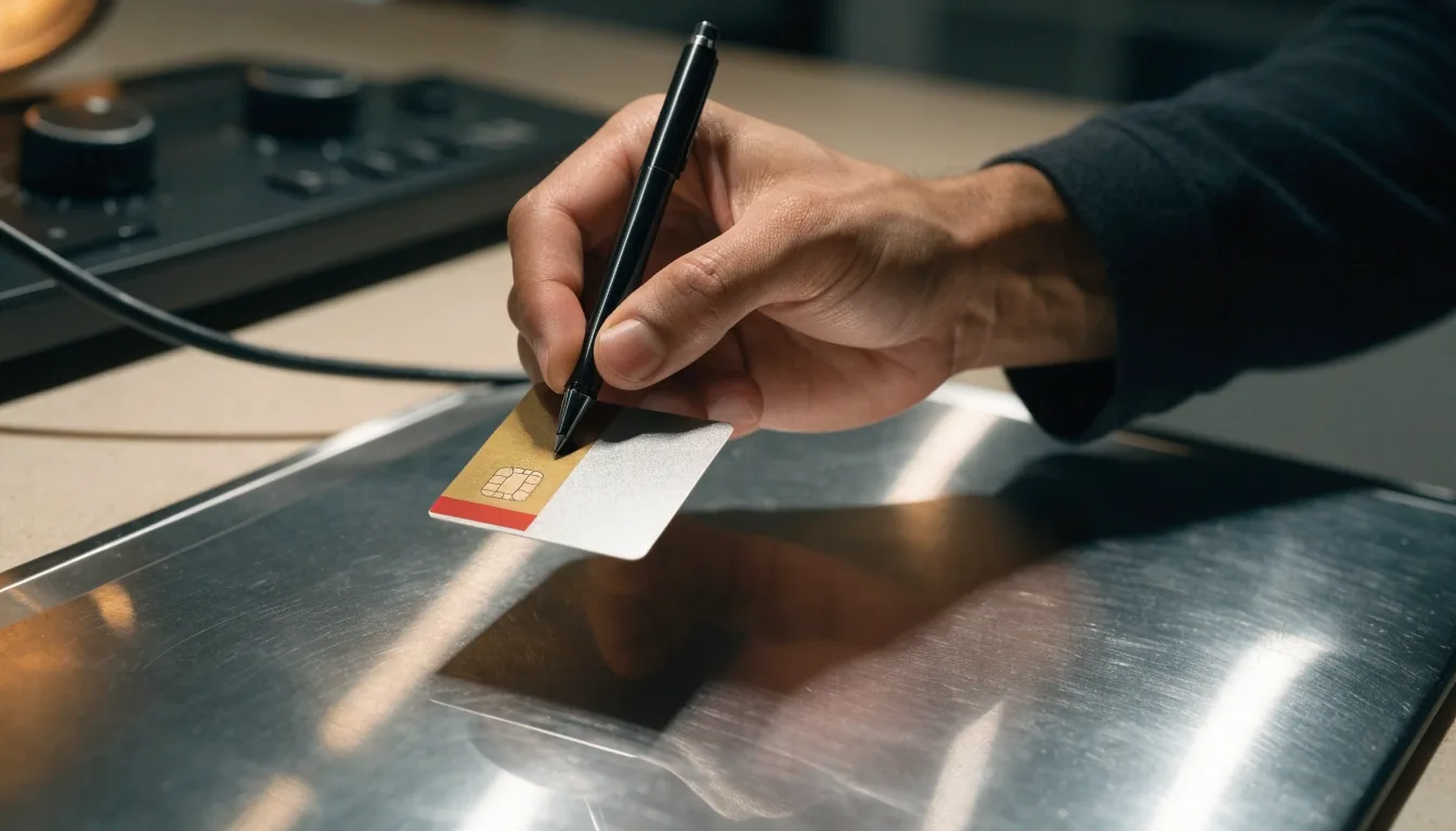 Manos en un mostrador bancario preparando un depósito a plazo, con libreta y sobre cerrado