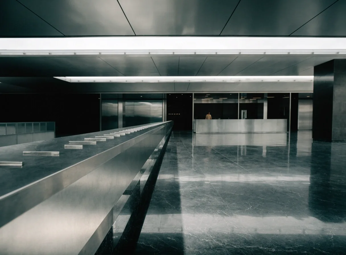 Interior de una sala bancaria en Buenos Aires con luz de mediodía nublado y una baranda de acero