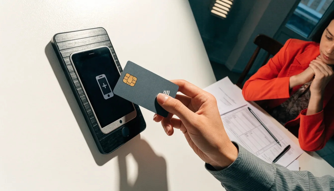 Mano sosteniendo una tarjeta de pago contra el borde de un mostrador de acero en una sucursal bancaria porteña