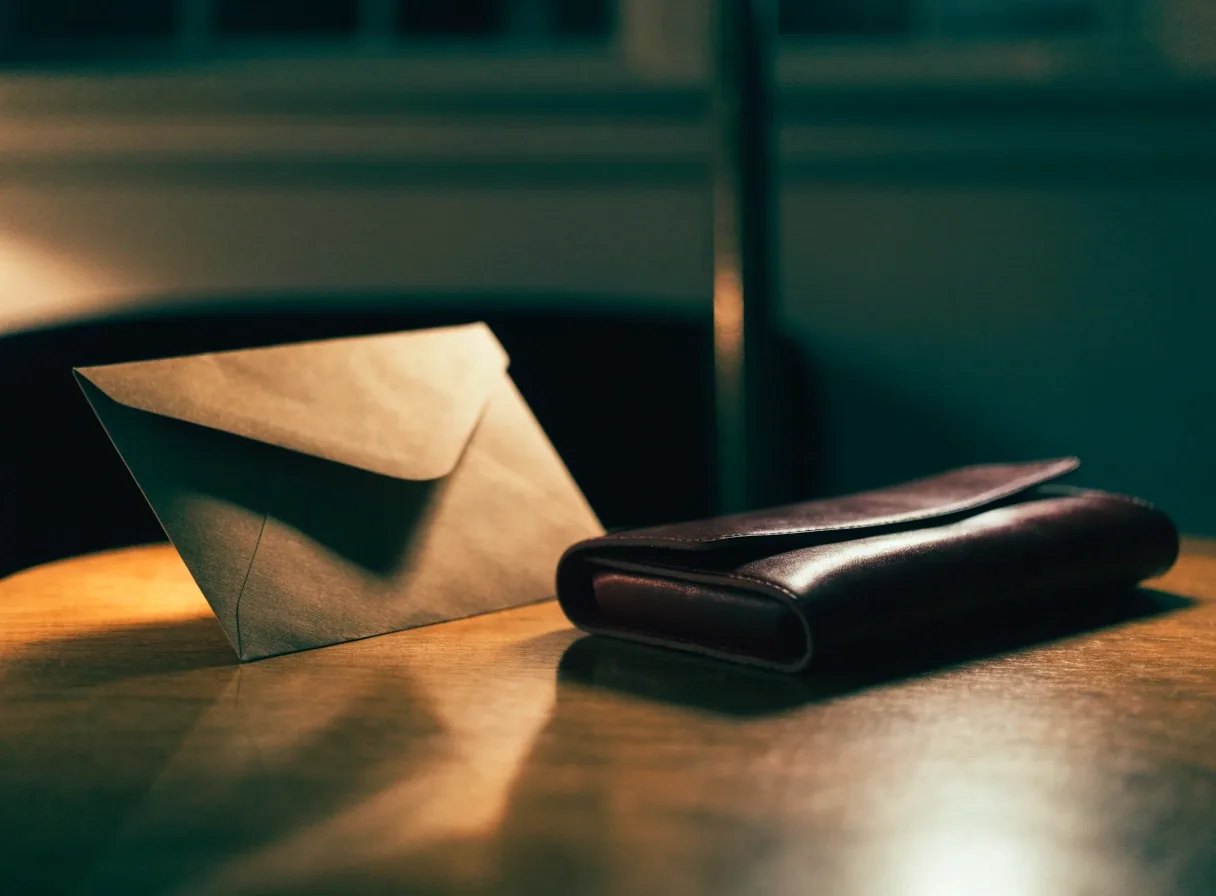 Escritorio con un sobre cerrado y una pila de cheques personales bajo luz de lámpara